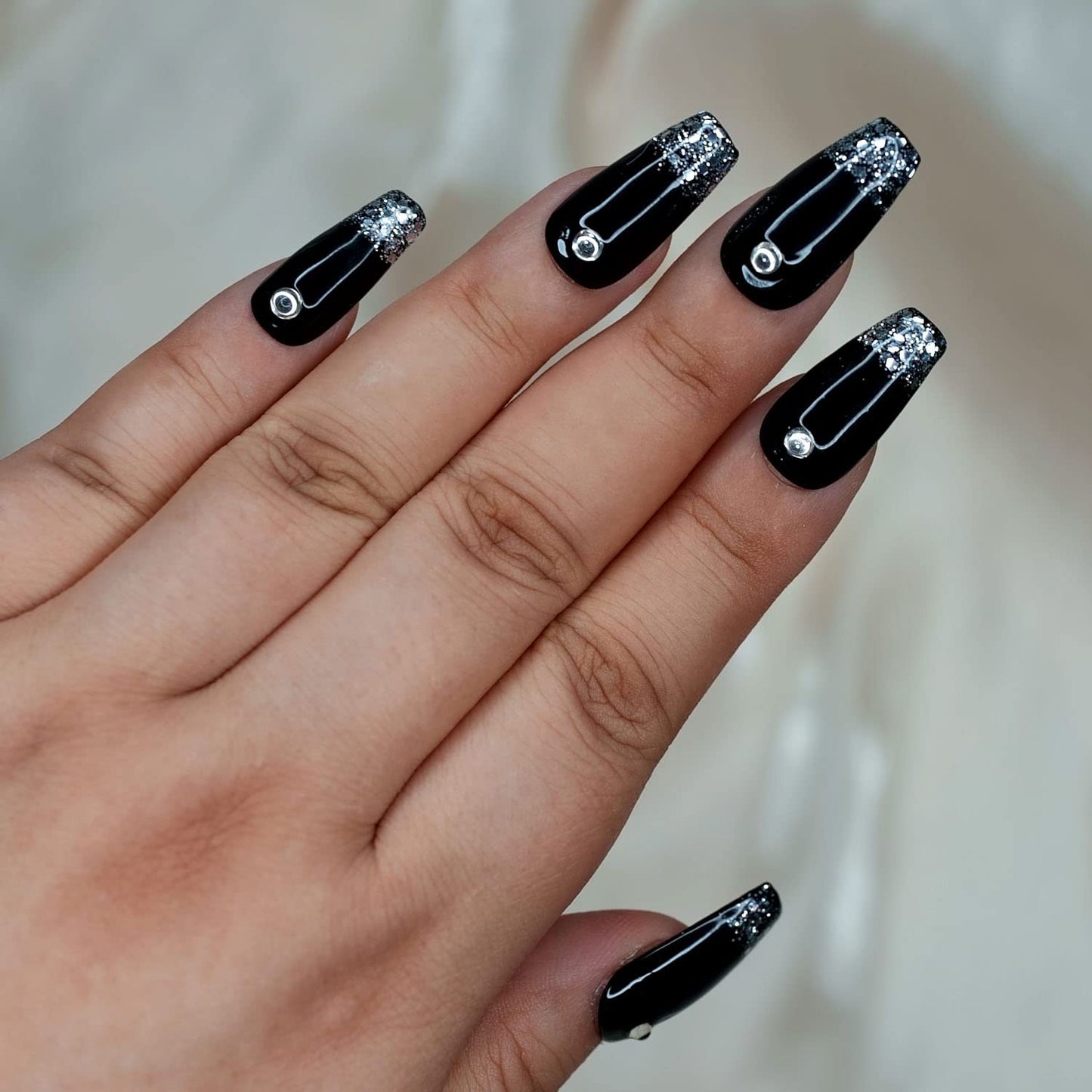 10 Pcs Handmade Press on Nails (X-Small, Black With Silver Glitter French Tip Rhinestones/Short Coffin) A035XS