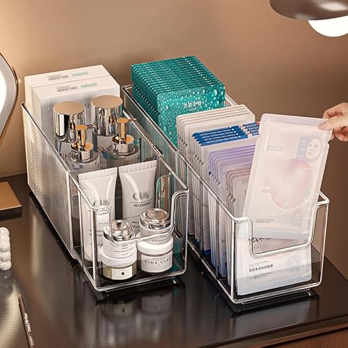 2 Pack Extendable Acrylic Makeup Organizer with Removable Dividers - Waterproof Bathroom Storage for Sheet Masks/Essences/Cosmetics, Clear Visible Design, Space-Saving Vanity Organizer