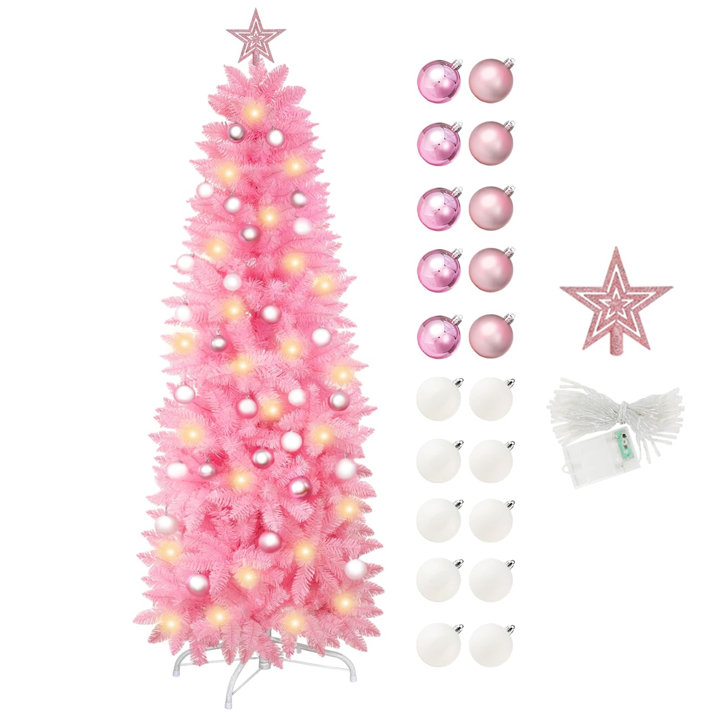 XmasExp Pink Skinny Pencil Christmas Tree, 6ft Artificial Slim Thin Christmas Tree with Warm LED Lights String 8 Lighting Modes and Christmas Ball Onaments