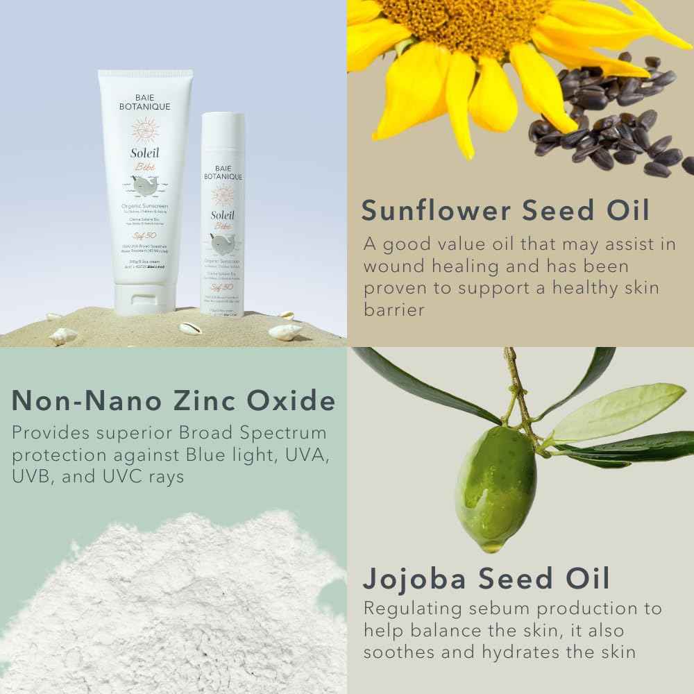 Baie Botanique Soleil Bébé - Organic Non-Toxic Mineral Baby Sunscreen SPF 50 - Sunflower & Jojoba - Unscented - Natural - Vegan - No White Cast - Reef Safe - UVA/UVB - 100g