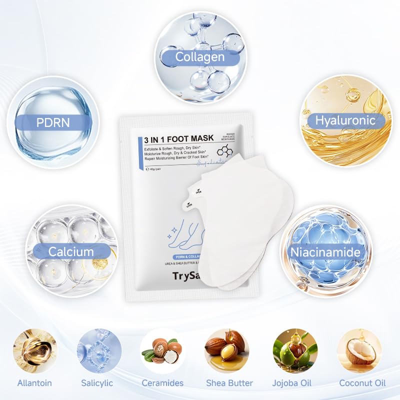 TrySafe PDRN & Collagen Foot Peel Mask for Dry Cracked Feet - 4 Pairs