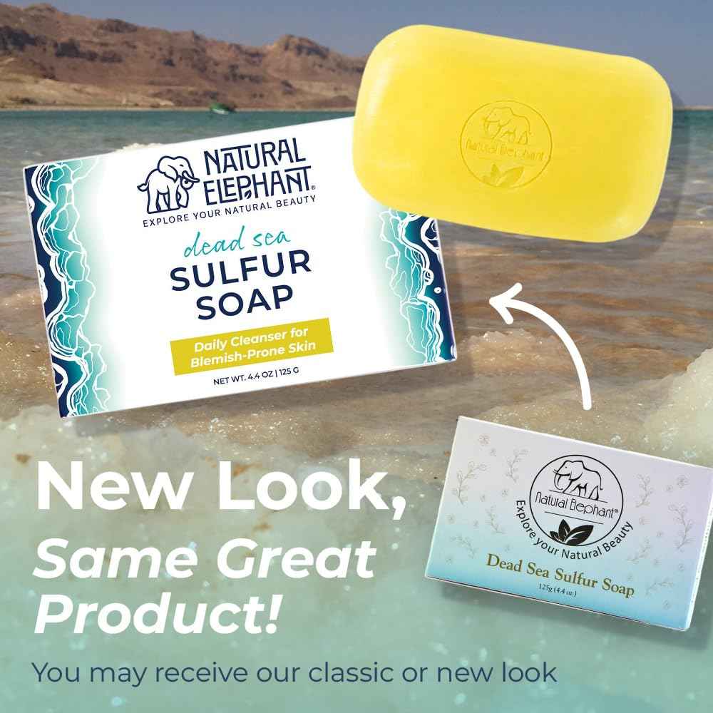 Natural Elephant Dead Sea Sulfur Soap 4.4 oz with Dead Sea Salt, Aloe Vera, Sulphur Face and Body Cleanser Bar for All Skin Types (3 Pack (13.2 oz Total))