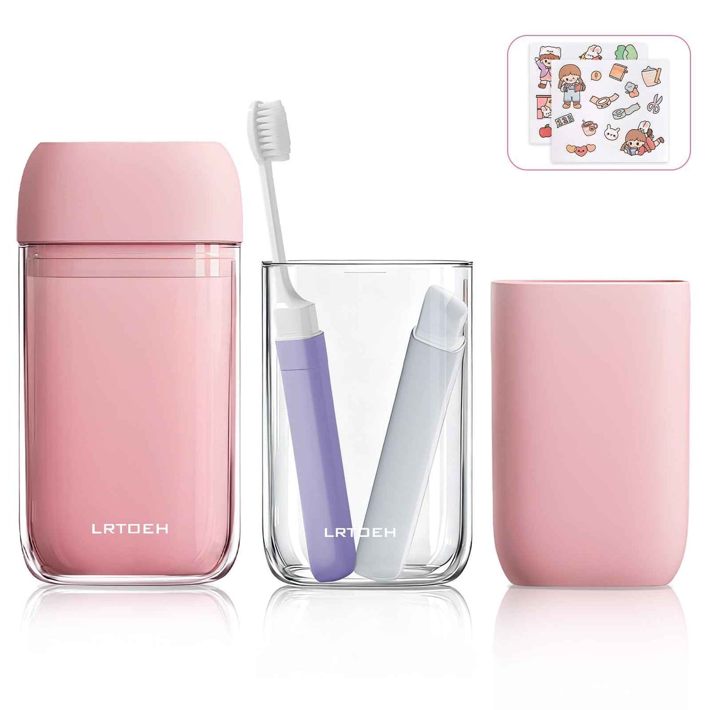 LRTOEH Travel Toothbrush Cup Set, Portable Travel Wash Cup with Foldable Toothbrush, Small Toothbrushes Case Holder with Cover, Lightweight Mini for Hiking, Business Trip (Pink)