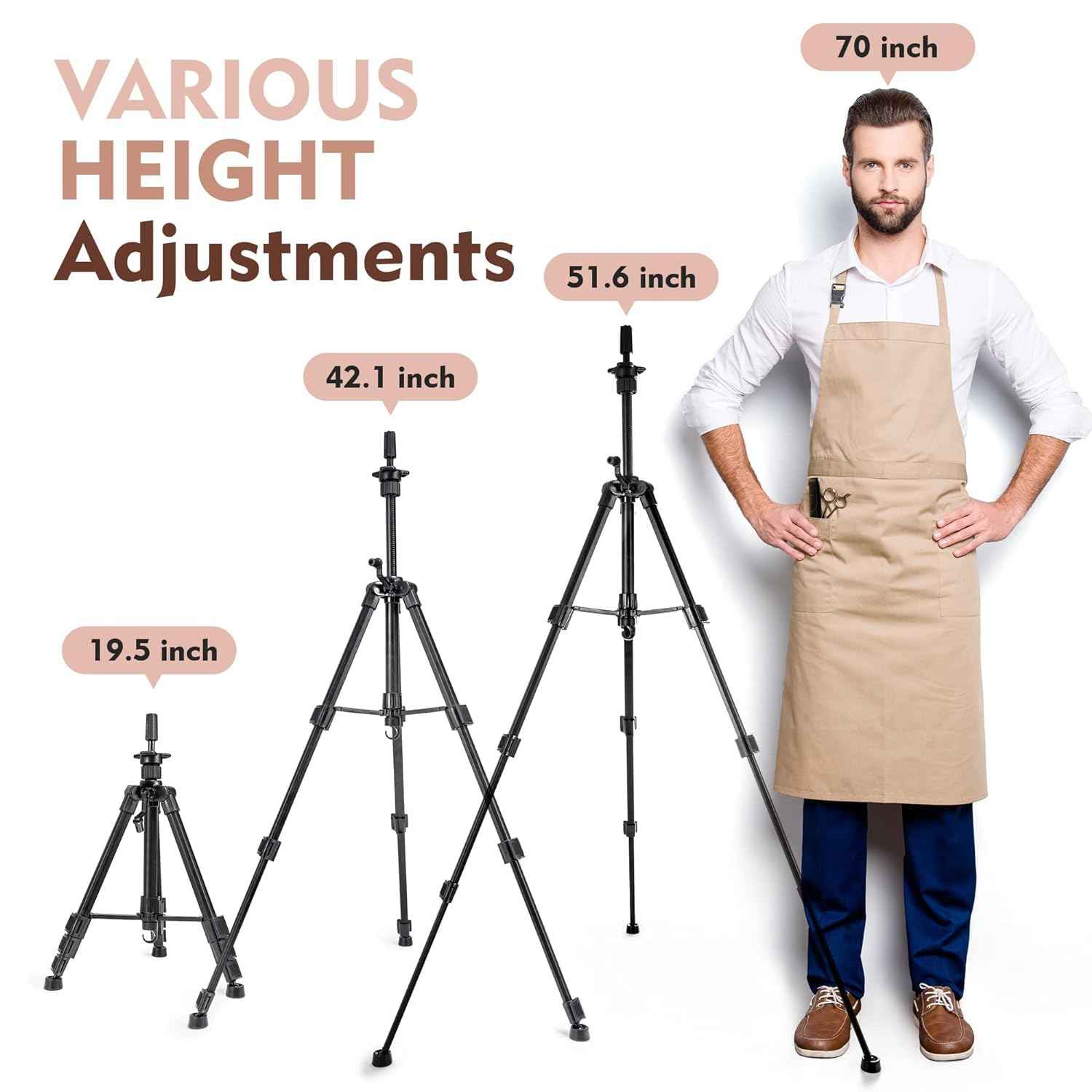 HYOUJIN Heavy Duty Wig Stand with Mannequin Head,Heavy Wig Stand Tripod Metal Adjustable Holder for Mannequin Head,Canvas Block Head with Wig Caps,T-PIN,C Needles,Clips,Carrying Bag, Rattail Comb(19.5"- 51.6")
