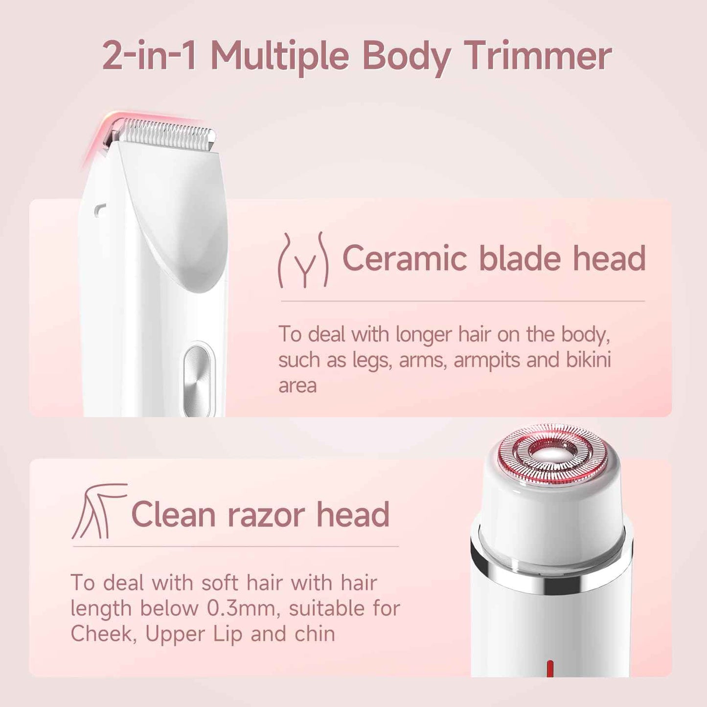 Bikini Trimmer for Women Electric Razors for Women, Double Head Dual Purpose, IPX7 Waterproof Hair Razor, Ceramic Blade Hair Trimmer Wet & Dry Use, Painless Electric Shaver for Facial and Body