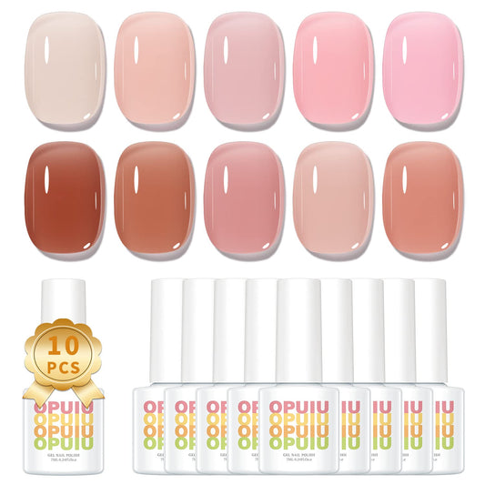 OPUIU 10 PCS Nude Red Pink Jelly Gel Nail Polish Set Semi-transparent Sheer Gel Polish Colors Translucent Soak Off UV LED Shellac Nail Polish More Bottles than Regular Kit