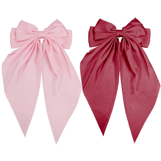 DJAIOD Hair Bow for Women, 2 Pack Pink & Wine Red Silky Satin Bow, Large Hair Bows, Long Bow Clip, Coquette Bows Cute barrettes for Girls