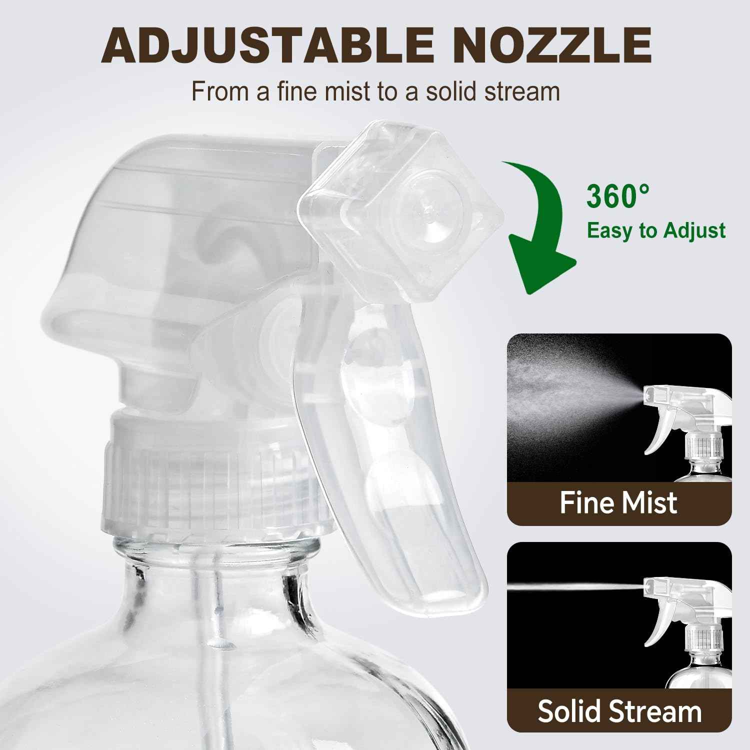 Glass Spray Bottles with Silicone Sleeves (2 Pack, 16 oz), Mist and Stream Empty Refillable Containers, Water Sprayer Misting Bottle for Cleaning Solutions, Planting, Hair Spraying, Green & Grey