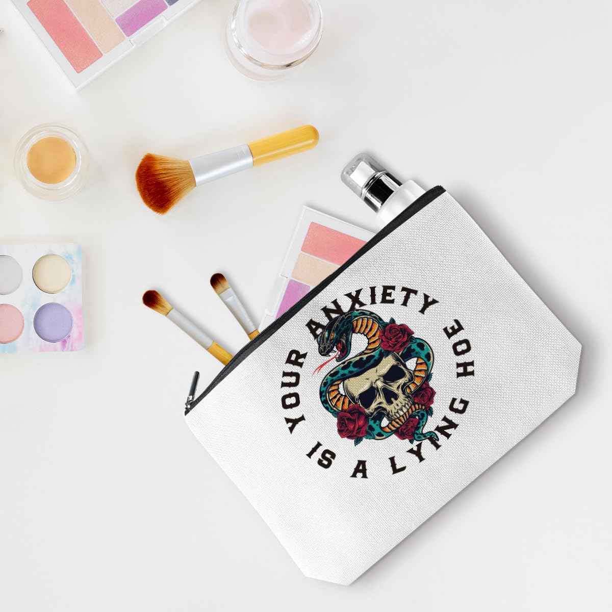 Mental Health Makeup Bag Cosmetic Bags Skull Decor Travel Toiletry Bag Mental Health Gifts Zipper Pouch Inspirational Gifts for Women Girls Sisters Psychologist Therapist Counselor Medical Personnel