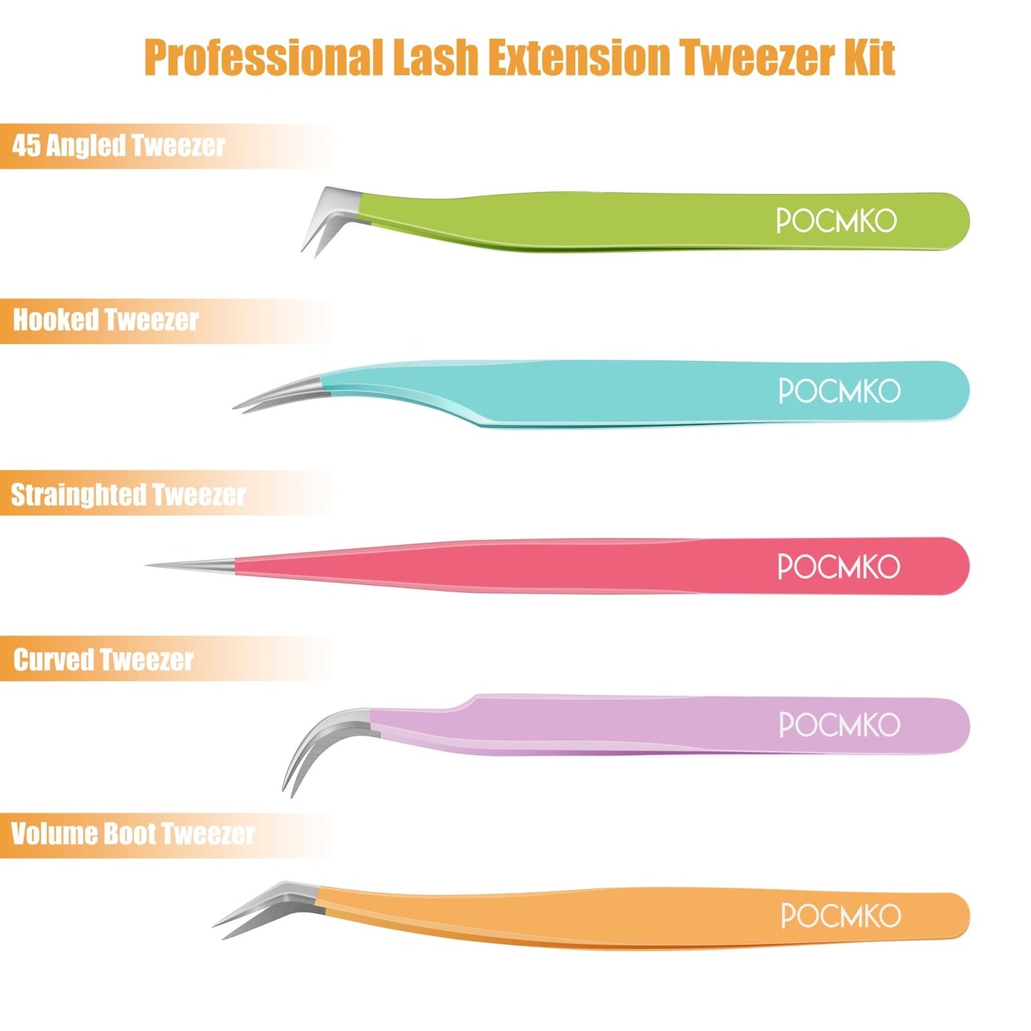 POCMKO Lash Tweezers for Eyelash Extensions, Lash Extension Tweezer Kit for Beginner, Colorful Eyelash Tweezers Set of 5 for Volume, Isolation and Classic Lashes
