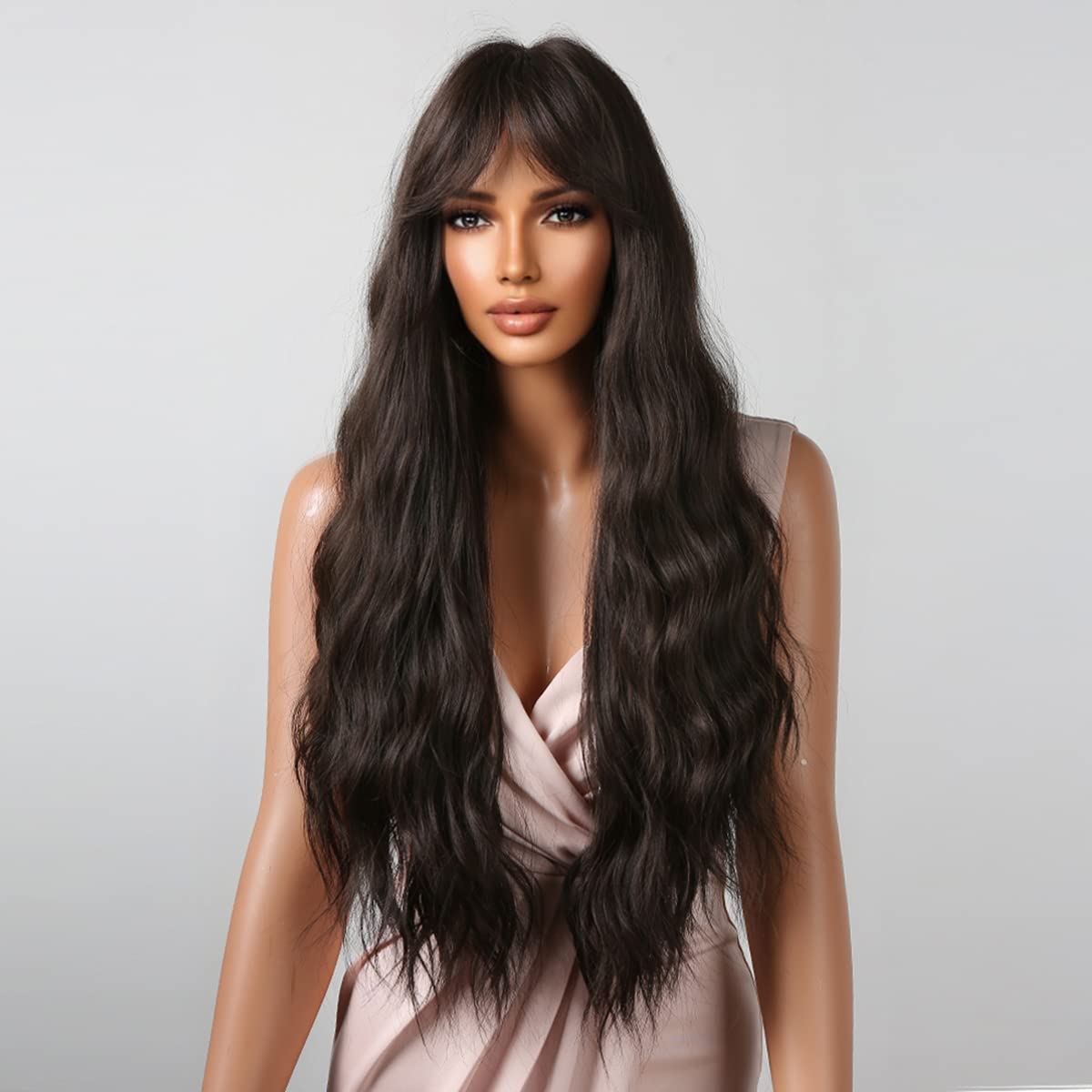 WTHCOS Long Black Brown Wig for Women Long Curly Wavy Dark Brown Wig With Bangs Silky Full Heat Resistant Synthetic Wig with Wig Cap (Black Brown)