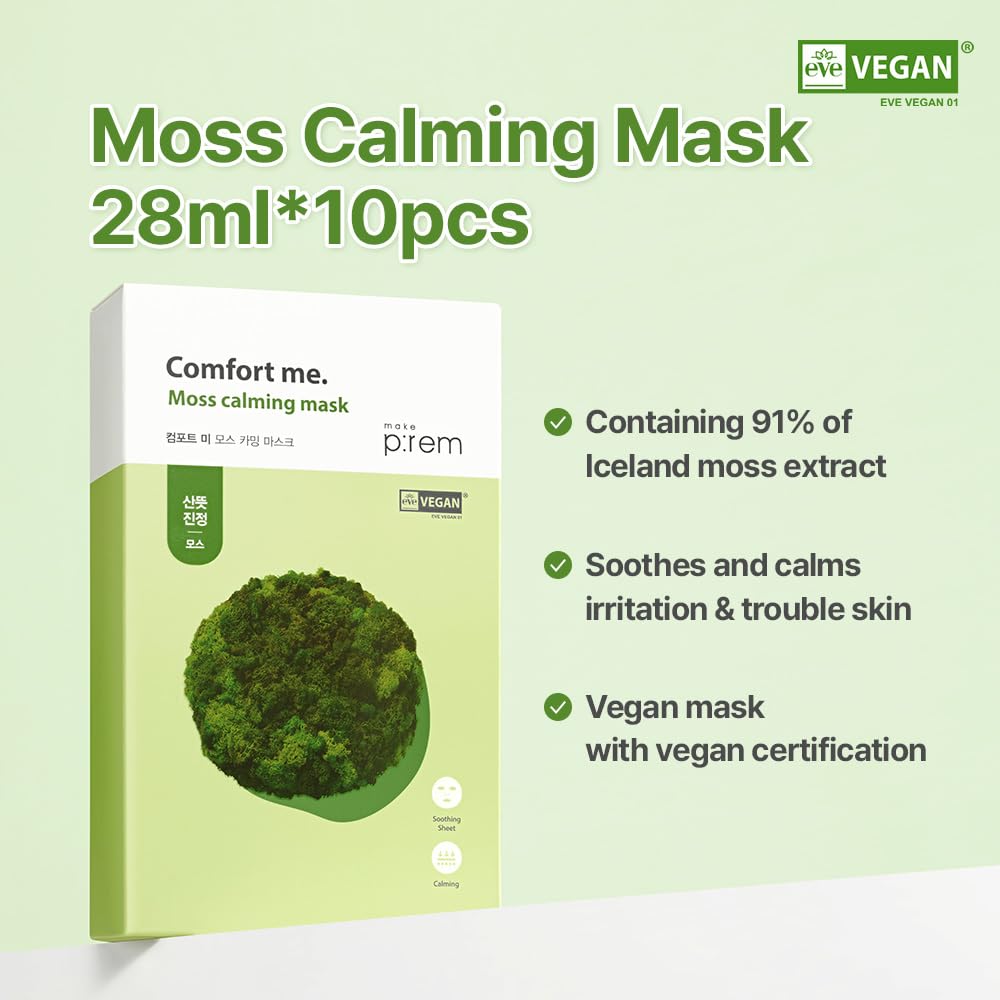 MAKE P:REM Comfort Me. Moss Calming Mask, Korean Facial Sheet Mask, EWG Green, Soothing & Hydrating Face Mask, EVE VEGAN, 28ml, 0.94 Fl.Oz. x 10EA