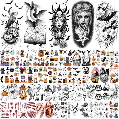 77 Sheets Halloween Temporary Tattoos Women Men, 17 PCS Half Sleeve Pumpkin Bat Crow Witch Skull Fake Tattoos for Adult, 60 PCS Spider Cat Ghost Scar Tiny Realistic Face Body Tattoos Stickers