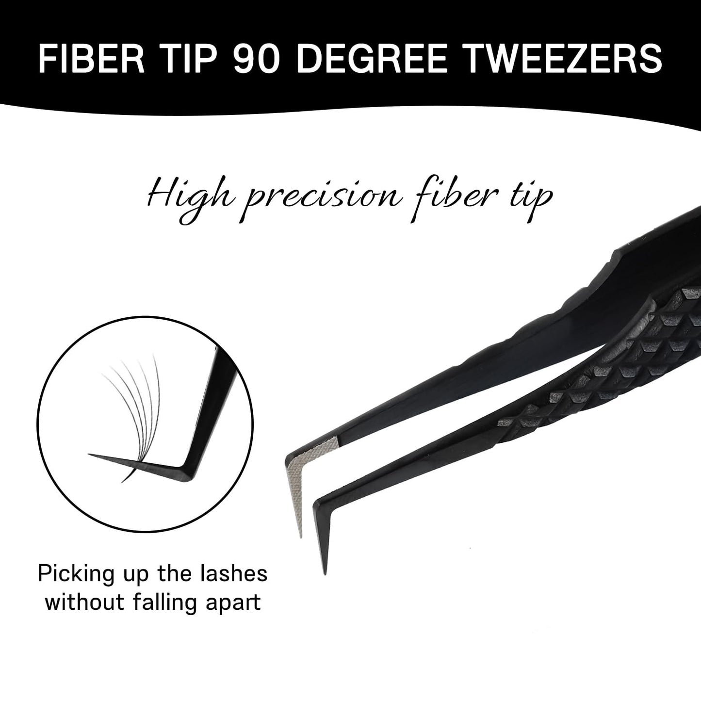 VAVALASH Lash Tweezers for Eyelash Extensions, Fiber Tip Diamond Grip 90 Degree Tweezers for Lash Extension,Professional Precision Black Lash Tweezers for Volume & Classic Lashes (90 Degree Tweezers)