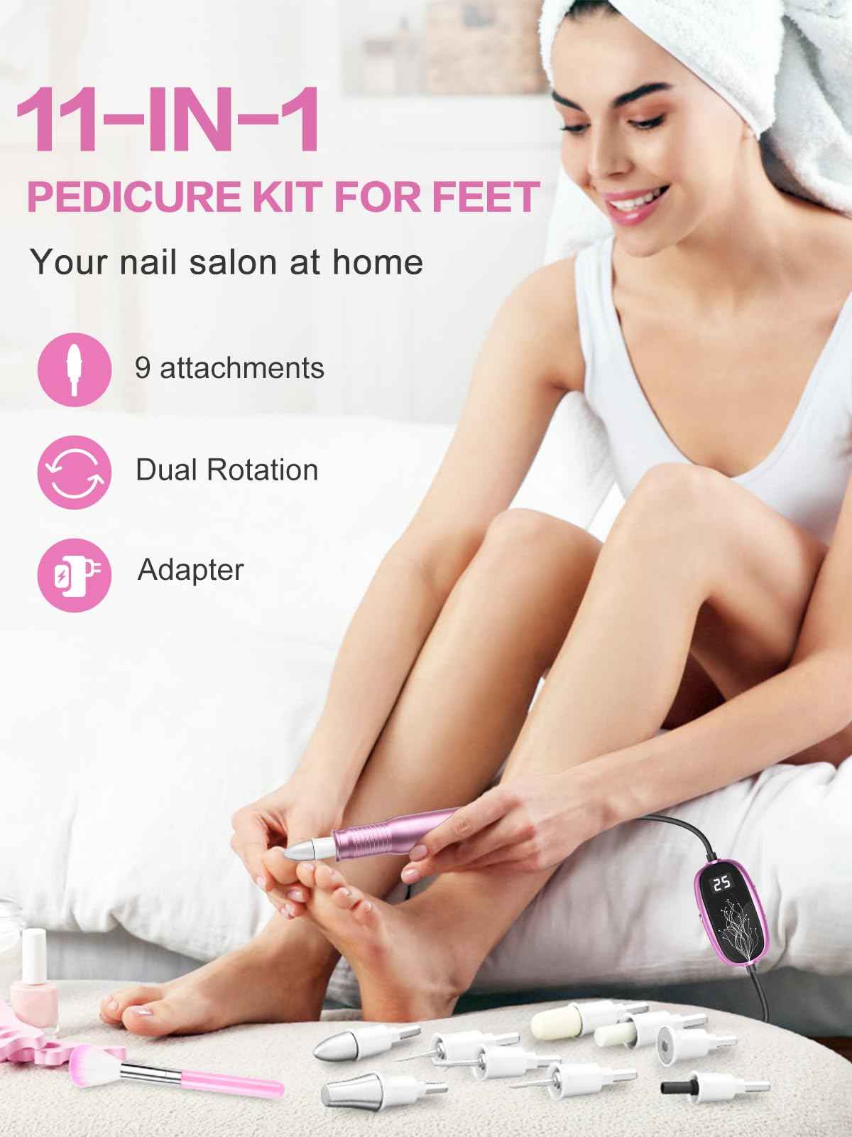 Subay Professional Manicure Pedicure Kit, Electric Nail Drill Set with LED Display, 25000RPM, 11-Piece Attachments Plus 20 Sanding Bands, Nail Grinder Tool for Women Men Baby Pets, with Dust Brush