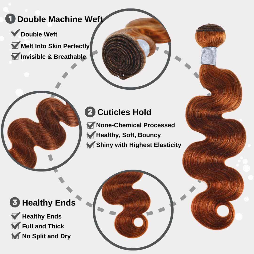 ALHER Reddish Brown Bundles Body Wave Human Hair, Copper Red Auburn Brown Colored 12A Brazilian Virgin Remy Wavy Hair Soft Thick Sew In Weave 33B Color 16 Inch