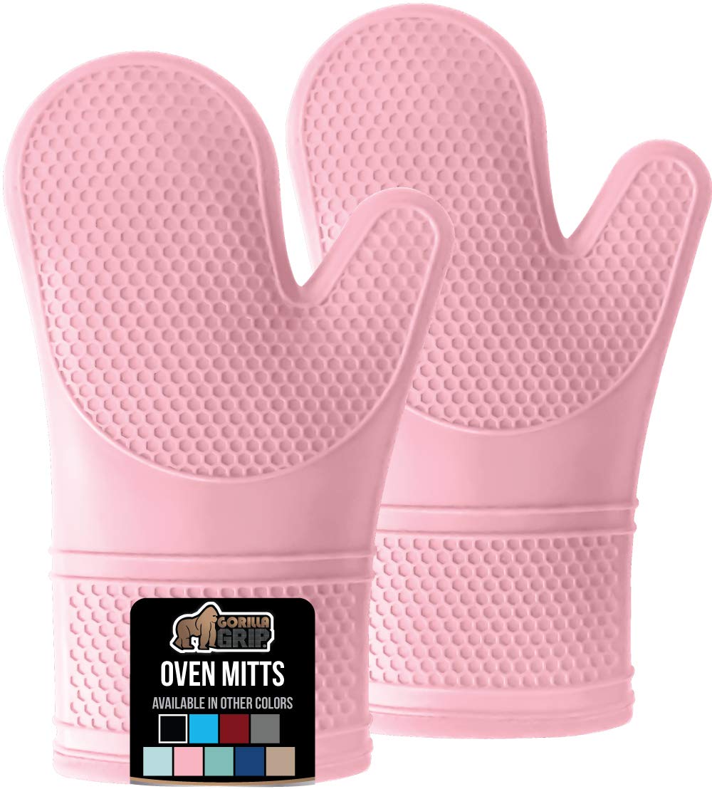 Gorilla Grip Heat and Slip Resistant Silicone Oven Mitts Set, Soft Cotton Lining, Waterproof, BPA-Free, Long Flexible Thick Gloves for Cooking, BBQ, Kitchen Mitt Potholders, 12.5 in, Pink