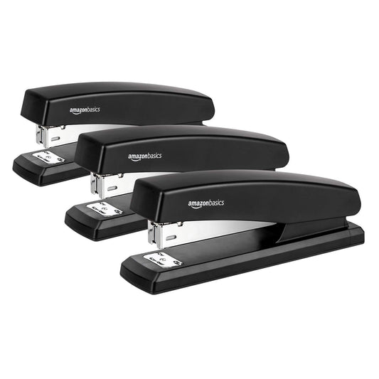 Amazon Basics Stapler with 1000 Staples, Office Stapler, 25 Sheet Capacity, Non-Slip, Black, 3 Pack