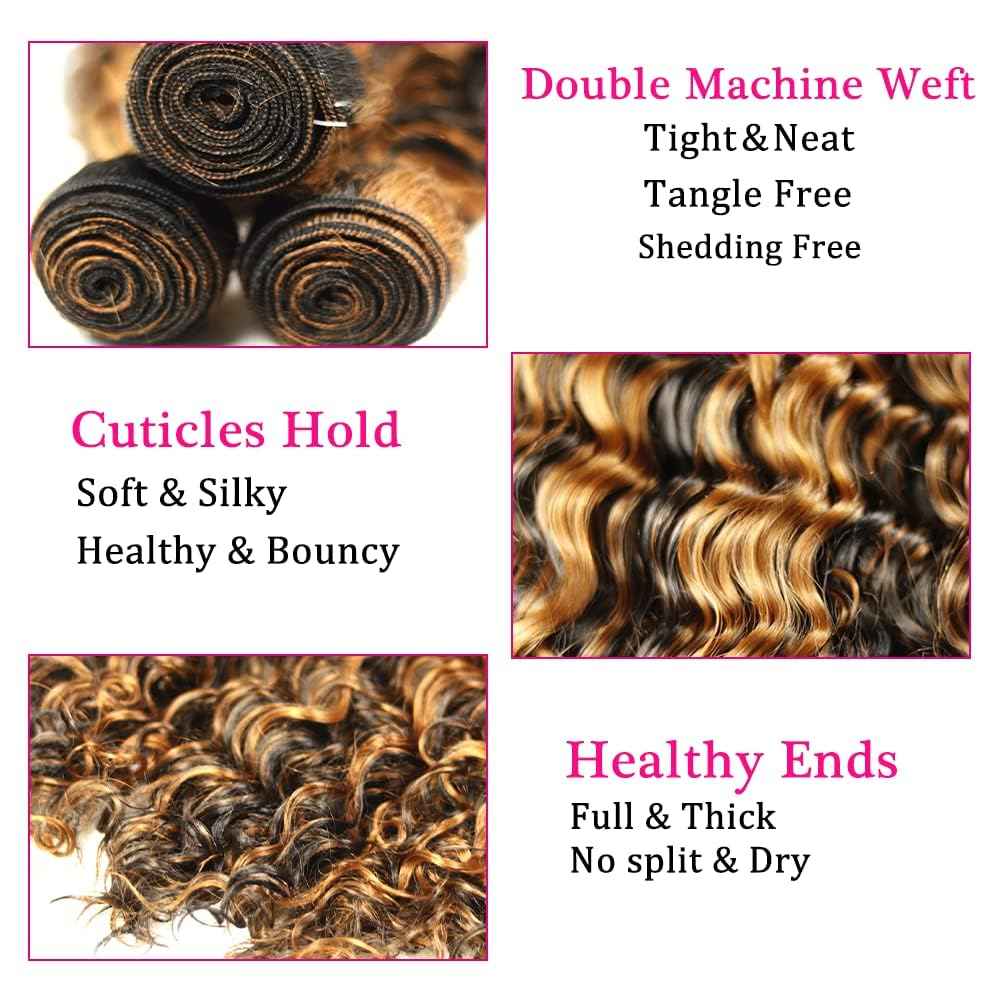 Ombre Human Hair Bundles Highlight Brown Deep Wave Bundles Hair Extensions 30 32 34 Inch Grade 8A Brazilian Virgin Remy Hair 3 Bundles Double Weft P1B/30 Bundles Hair Weave