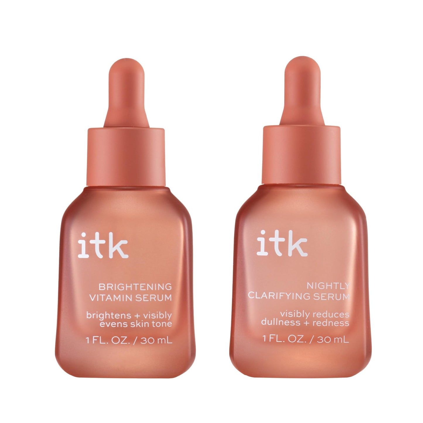 ITK Skincare 2-Part Face Serum Set for Brightening Skin, Correcting Dark Spots + Reducing Fine Lines - Vitamin C AM Face Serum with Light Niacinamide + Clarifying Peptides PM Face Serum with Bakuchiol