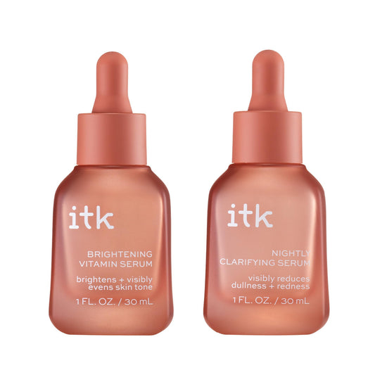 ITK Skincare 2-Part Face Serum Set for Brightening Skin, Correcting Dark Spots + Reducing Fine Lines - Vitamin C AM Face Serum with Light Niacinamide + Clarifying Peptides PM Face Serum with Bakuchiol