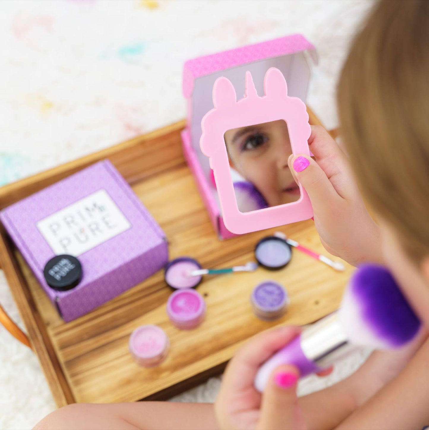 Prim and Pure Mineral Gift Set with Unicorn Mirror| Perfect for Play Dates & Birthday Parties | Kids Eyeshadow Makeup – Mineral | Organic & Natural Makeup Kit for Kids| Made in USA (Purple)