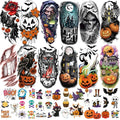 77 Sheets Halloween Temporary Tattoos Women Men, 17 PCS Half Sleeve Pumpkin Bat Crow Witch Skull Fake Tattoos for Adult, 60 PCS Spider Cat Ghost Scar Tiny Realistic Face Body Tattoos Stickers