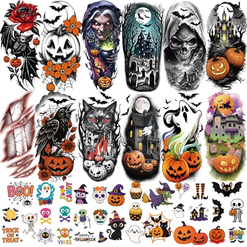 77 Sheets Halloween Temporary Tattoos Women Men, 17 PCS Half Sleeve Pumpkin Bat Crow Witch Skull Fake Tattoos for Adult, 60 PCS Spider Cat Ghost Scar Tiny Realistic Face Body Tattoos Stickers