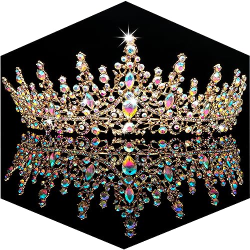 AB Gold Crystal Crown Tiara for Women Wedding Bride