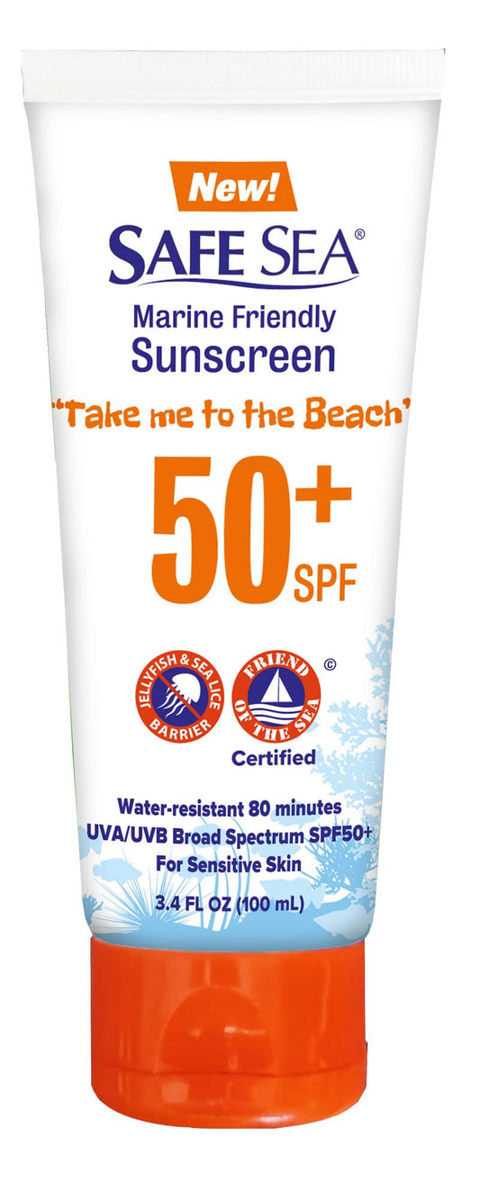 SAFE SEA Jellyfish Sting-Blocking Sunscreen, SPF 50+ travel Size Lotion, Waterproof, Biodegradable, Coral Reef-Safe, Body and Face Sunscreen, Anti-Jellyfish and Sea-Lice sting protection (Tube 3.4 oz)