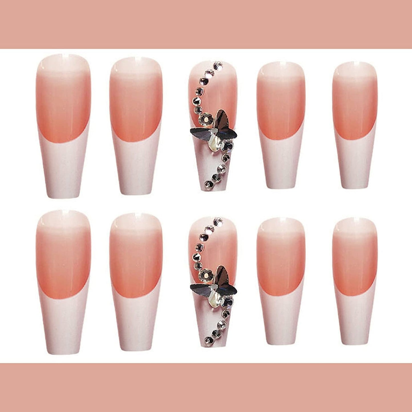 SINSEN 24 Pcs Press on Nails Long Fake Nails Acrylic Ballet French White Butterfly Glue on Nails Full Cover False Nails for Women and Girls