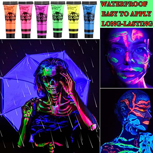 6 Color Glow in the Dark Face & Body Paint Set - Neon Makeup