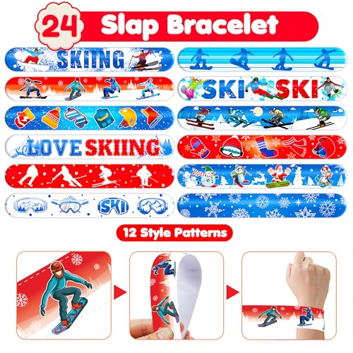 48PCS Skiing Party Set - 24PCS Temporary Tattoos & 24PCS Slap Bracelets - Fun Winter Sports-Themed Birthday Supplies, Baby Shower Gifts, Classroom Rewards & Party Decor for Kids (Boys & Girls)