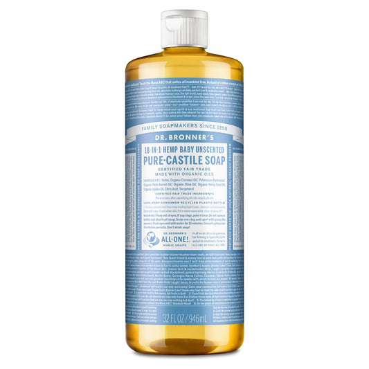 Dr. Bronner's - Pure-Castile Liquid Soap (Baby Unscented, 32 Ounce) - Made with Organic Oils, 18-in-1 Uses: Face, Hair, Laundry, Dishes, For Sensitive Skin, Babies, No Added Fragrance, Vegan, Non-GMO
