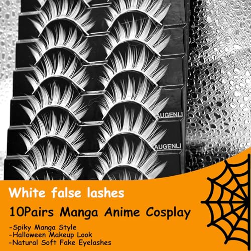 False lashes White 10 Pairs Manga Lashes Anime Cosplay Lashes Spiky Manga Style Lashes Janpanese 16mm Extension Natural Manhua Doll Eye Lashes Halloween Makeup Look by AUGENLI