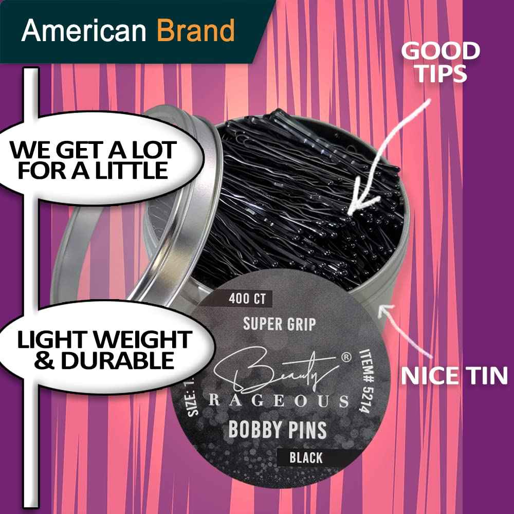 Super Grip Bobby Pins - Women's 1.9 Inch - Easy, Secure, All Hair Types - Handy Reusable Tin (Black - 800 Ct Approx)