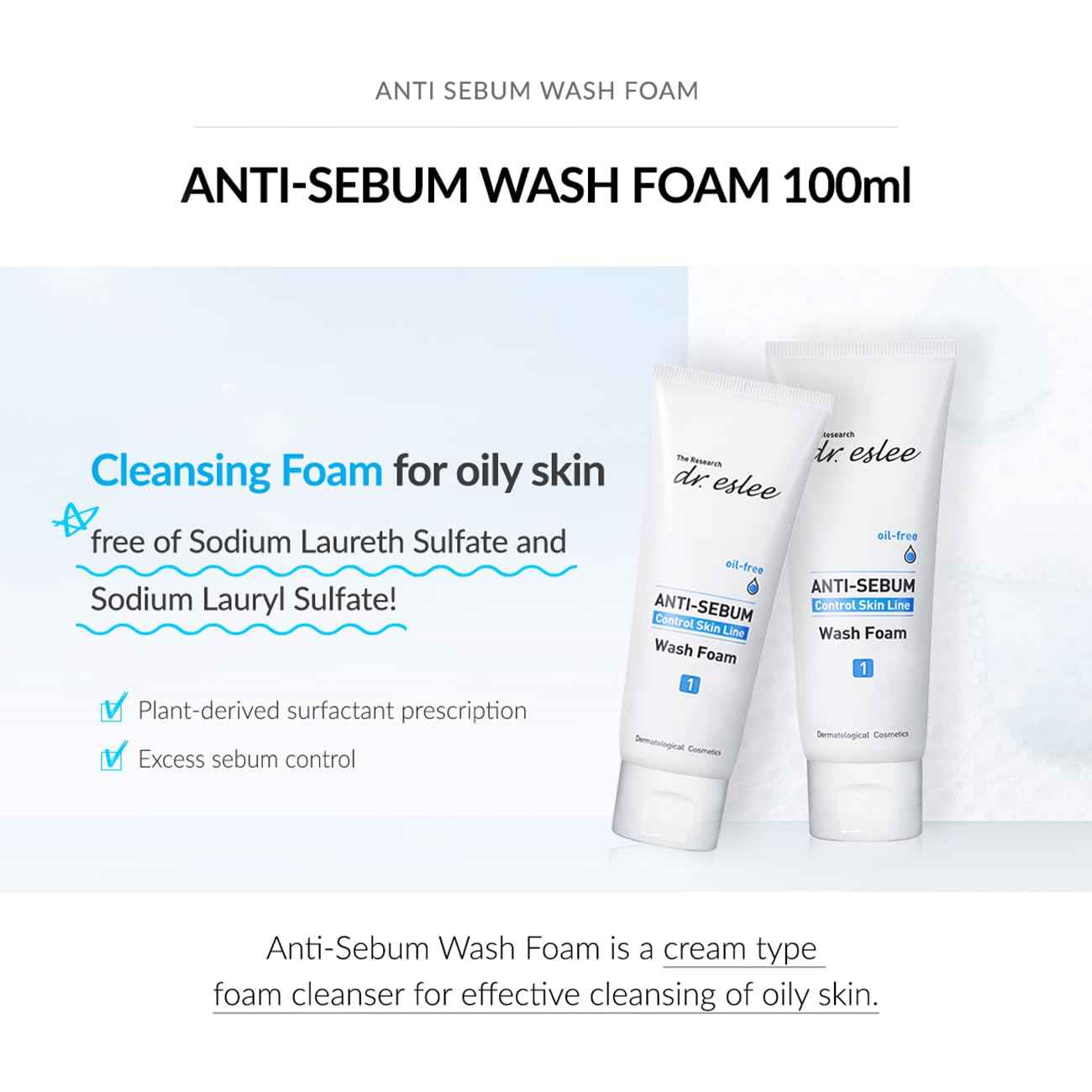 Dr Eslee Anti-Sebum Foaming Facial Cleanser for Oily Skin - 100ml - Non-Irritating Dermatological Face Wash Cleansing Foam - Controls Excess Sebum, Soothes Irritation, Sulfate-Free, Korean Skin Care