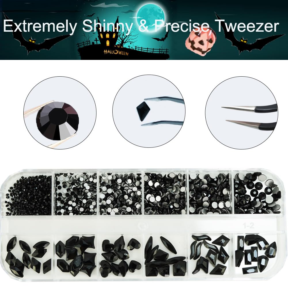 1350Pcs Black Rhinestones for Nails, 60Pcs Big Black Nails Charms with Small Sequined Flatback Round Beads, Black Glitter Clear Glass Diamond Stones for DIY Faces Eyes Makeup Crafts Decoration