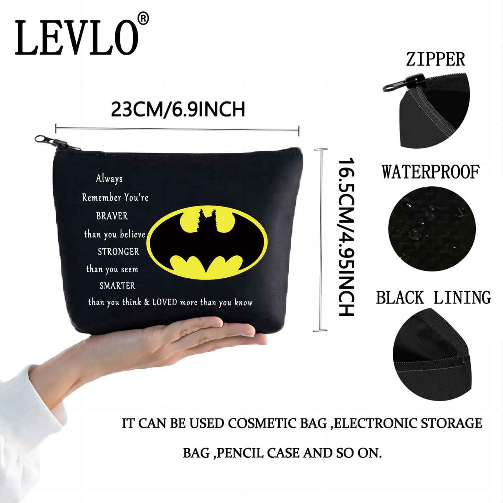 LEVLO Bat Classic Logo Make Up Bag - Cosmetic Gift, Stronger Smarter Than You Think, Black Zipper Pouch