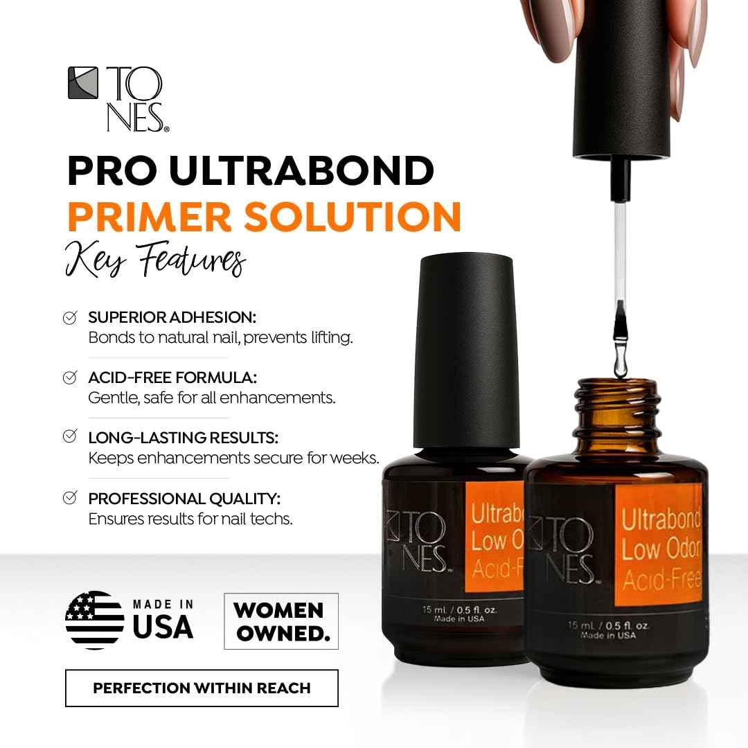TONES Ultrabond Nail Primer - Professional Acid-Free Bonder to Prevent Lifting for Acrylic & Gel Nails - Made in USA (8 Fl Oz)