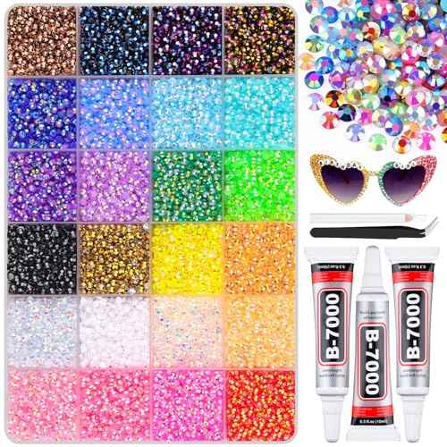 32000Pcs Resin Rhinestones with B7000 Jewelry Glue for Crafting, Multicolors 3mm Non Hotfix Flatback Gems, Bedazzling Crystal for DIY Crafts Clothing Tumblers Mugs Shoes Fabric Decor Nail Art