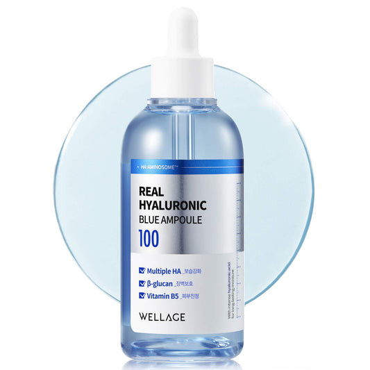 WELLAGE Real Hyaluronic Blue Ampoule 100, Fragrance Free Hyaluronic Acid Ampoule, Hydrating Non Sticky Serum for Sensitive Dry Skin, 2.54 fl.oz