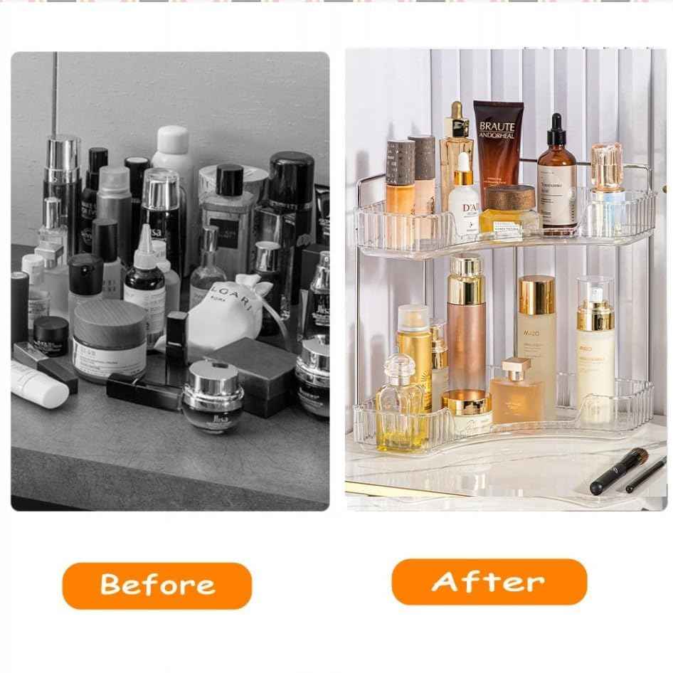 CESTATIVO Corner Bathroom Counter Organizer, Vanity Trays for Bathroom, Skincare Makeup Organizer Shelf, Shelf Cosmetics, Toiletries, Lotions, Perfumes (2 Tiers, Clear)