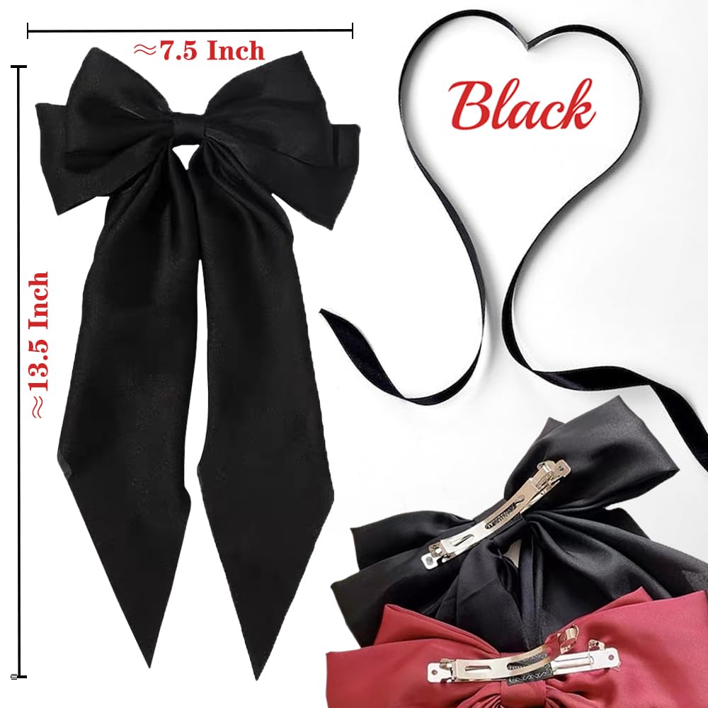 Hair Ribbon Hair Bows for Women: 3 Pcs Large Bow Hair Clips with Bowknot Long Tail Tassel Big Bows Ribbons Hair Barrettes for Girls (Black Bow, Pink Bow, Beige Bow)