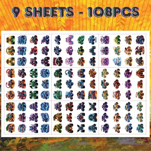 108 PCS Glow in the Dark Monster Truck Temporary Tattoos ? Waterproof Pre-Cut Body Art Stickers with Monster Trucks, Big Rigs & Off-Road Icons | Easy Application
