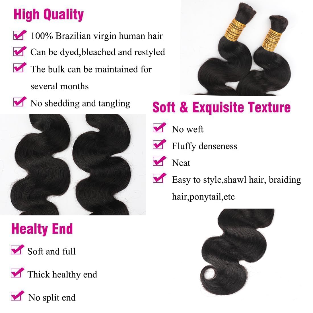 Body Wave Human Hair Bulk for Braiding Brazilian Virgin Human Hair Bulk No Weft for Boho Braids Body Wave Bulk Bundles Human Hair for Braiding Wet and Wavy Curly Loose Deep Water Wave Bulk 18" 100g