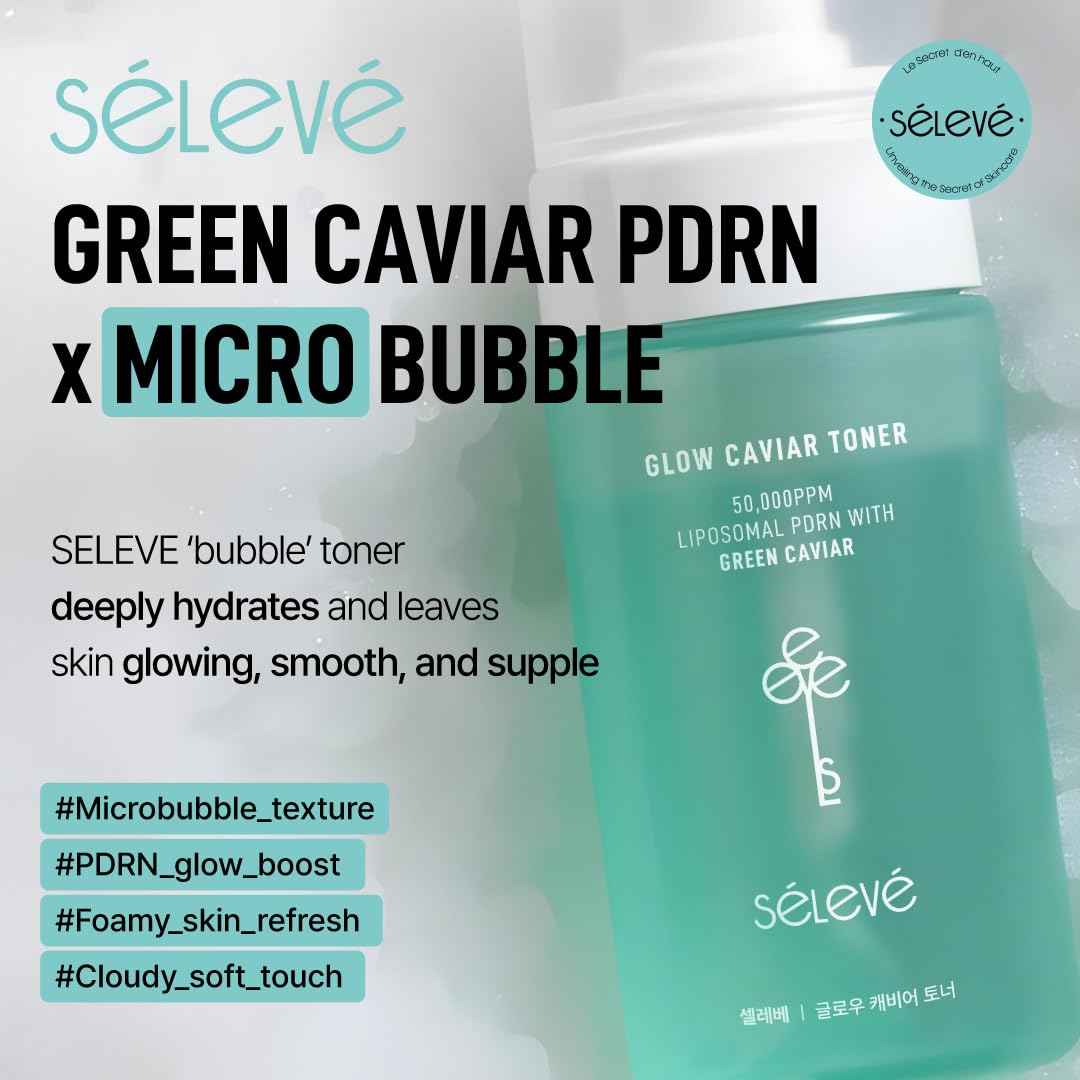 SELEVE Glow Caviar Bubble Toner – Hydrating & Glow Face Toner with Green Caviar Liposomal PDRN, Niacinamide, Panthenol & Ferulic Acid – for Sensitive & Dry Skin, Korean Skin Care (3.38 fl.oz / 100ml)