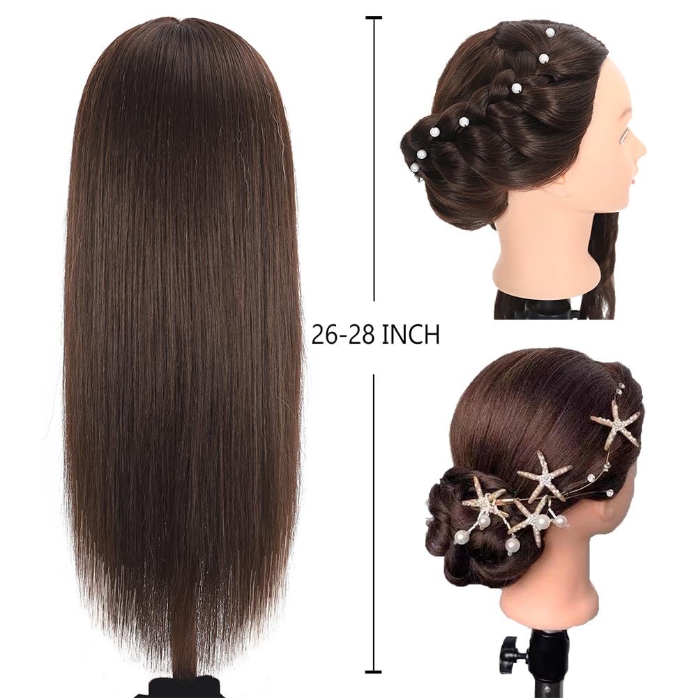 ZOMOI Mannequin Head with 80% Real Human Hair 26-28'' Cosmetology Mannequin Doll Head for Styling Practice on Braiding Head (4#Dark Brown)