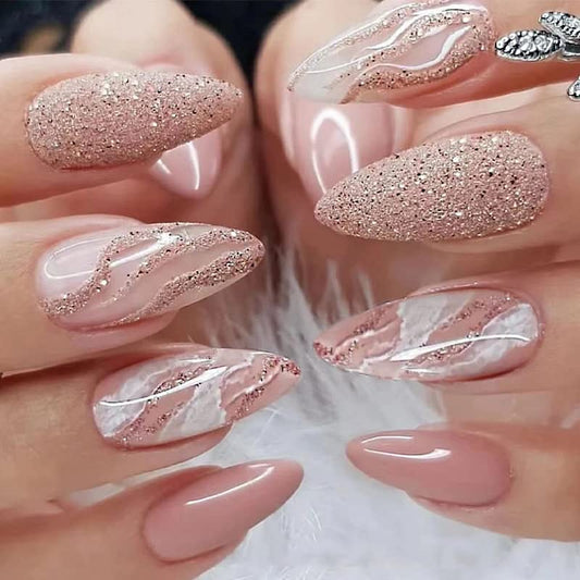 Press on Nails Medium Stiletto Nails Fake Acrylic Nails Full Cover Glue Stick on Nails for Women (Powder Glitter)