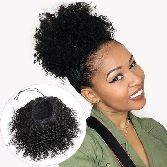 FEIPRO Natural Drawstring Ponytails Real Human Hair for African Black Women Girls Kids,short Afro Puffs Hair Buns Kinky Curly Hairpieces With 2 Stable Combs (8 Inch,#1B Natural Black)